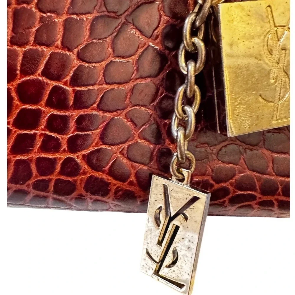 Yves Saint Laurent YSL Vintage ReddishBrowns Croc Leather‎ Tote  7x12.5x4